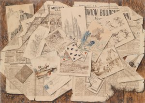 Collage with Watercolors, Playing Cards, Graphics, and Newspaper on a Wooden Wall